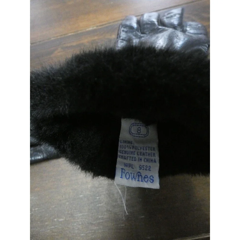 VTG Fownes Women's 8 Black Leather Gloves Faux Fur Lined Cuffs Wrist Length Chic
